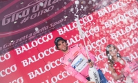 arrival of the stage Albenga - Genoa of the Tour of Italy wearing Pink Jersey