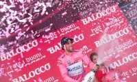 arrival of the stage Albenga - Genoa of the Tour of Italy wearing Pink Jersey